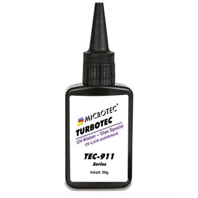 Abbildung von Microtec® Turbotec 911 Glas Spezial UV Kleber extra stark für Glas/Metall 50g ohne Taschenlampe lichthärtender und transparenter Klebstoff Qualitätsprodukt aus Deutschland