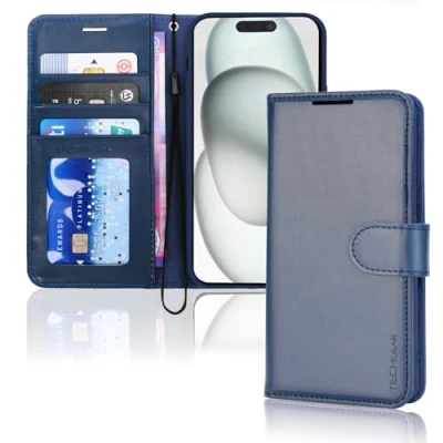 Abbildung von TECHGEAR hülle iPhone 15 Plus Leder klappbar, PU Flip Schutzhülle Ledertasche [Brieftasche] Handyhülle mit Ständer und Handschlaufe Blau Kompatible