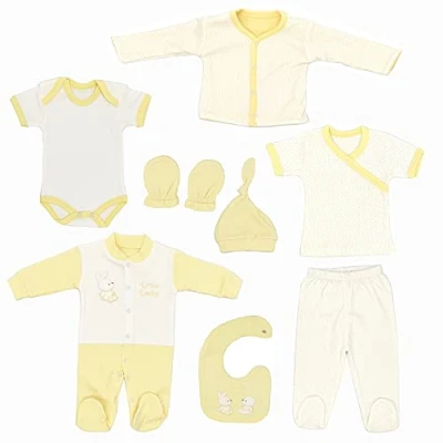 Abbildung von Blue Eyes Neugeborenen Baby Geschenk Set 100% natürliche Baumwolle Erstausstattung Erstlingsausstattung Ausstattung Unisex Kleidung Geschenkset Babyausstattung für Babys 0 4 Monate 8 teilig (Gelb)