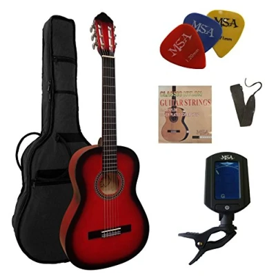 Abbildung von 4/4 GITARRE KONZERTGITARRE IM SET CLASSIC ROT SCHATTIERT DECKE LINDENHOLZ TASCHE BAND SAITEN 3xPIK STIMMGERÄT ET33B C24