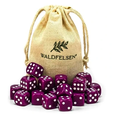 Abbildung von Waldfelsen 6, 12, 20, 30 oder 50 hochqualitative Würfel Standardgröße 16 mm Acrylwürfel Knobel Spielwürfel Dice 6 seitig sechsseitig Spielzubehör Set mit Stoffbeutel (Lila, 20 Stück)