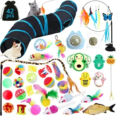 Abbildung von YUTUY Katzenspielzeug Set mit Katzentunnel,42 Stück Katzen Spielzeug Set,Mit Bälle,Federspielzeug,Spielzeugmäuse Katzen,Katzenminze,Fisch,2 Wege katzentunnel (Black)