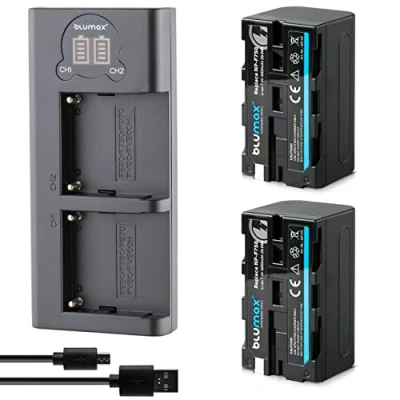 Abbildung von Blumax 2X Akku NP F750 / F550 4000mAh + Slim Dual Ladegerät kompatibel mit Sony F970 F960 F990 für Blitzgeräte Videoleuchten Fieldmonitore
