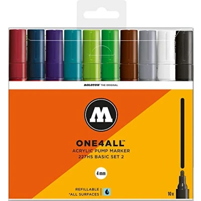Abbildung von Molotow One4All 227HS Acryl Marker Basic Set 2 (4,0 mm Strichstärke, hochdeckend und permanent, UV beständig, für fast alle Untergründe) 10 Stück sortiert