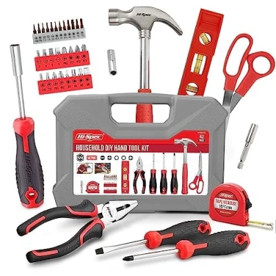 Abbildung von Hi Spec Heim DIY Werkzeugkoffer gefüllt 42tlg. Kleiner mit Roten Werkzeugen und 2 in 1 Schraubendreher Bit Griff für Reparaturen.