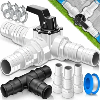 Abbildung von KESSER® Bypass Set Pool 12 teilig 3 Wege Ventil Anschluss &amp; ABS Adapter Ø32 Ø 38mm mit 6x Edelstahl Schlauchschellen 8m Teflon Dichtband Ideal für Sandfilteranlage, Wärmepumpe Solarheizung