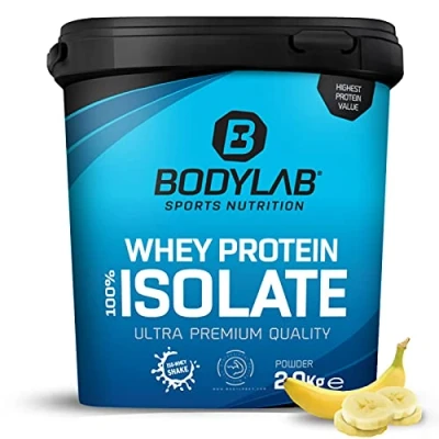 Abbildung von Whey Protein Isolate 2kg Banane Bodylab24, Eiweißpulver aus Isolat, Pulver kann den Muskelaufbau unterstützen, konzentriertes Iso frei von Aspartam