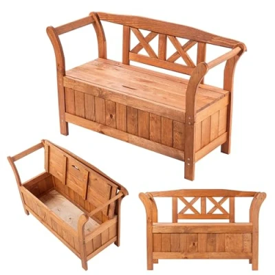 Abbildung von KADAX Gartenbank, 120x47x81,5cm Banktruhe aus Einer Holzfaserplatte, Sitz Bank mit Stauraum und Rücklehne, Wetterfeste Holzbank für Garten, Balkon (119cm/ Goldene Eiche)