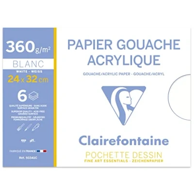 Abbildung von Clairefontaine 93341C Mappe Acrylpapier (ideal für Nasstechniken und Gouache, 360 g, 24 x 32 cm, 6 Bögen) weiß
