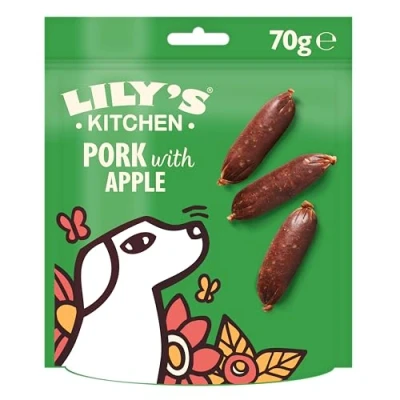 Abbildung von Lily’s Kitchen Hergestellt mit natürlichen Zutaten Leckerli Packung für ausgewachsene Hunde Knuspriges Schweinefleisch Apfel Würstchen Getreidefreie Rezeptur 8 x 70g