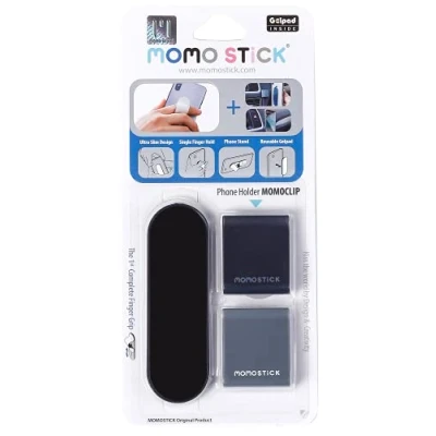 Abbildung von Momostick Das Original! Kombi Momoclip + Smartphone Fingerhalter Handy Fingerhalterung Griff Halterung Ring (Kombi Matt Serie Schwarz)