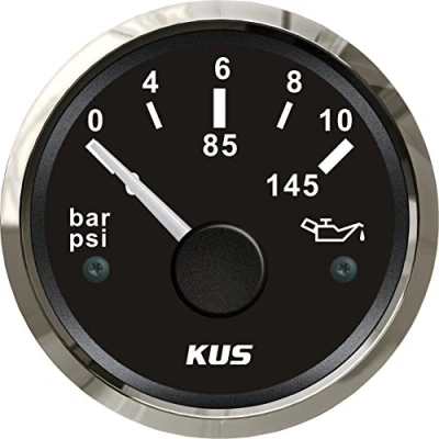 Abbildung von KUS Warranted Oil Kraftstoff Manometer Meter 0 10Bar 145PSI Mit Hintergrundbeleuchtung 12V / 24V 52MM (2&quot;) (Schwarz)