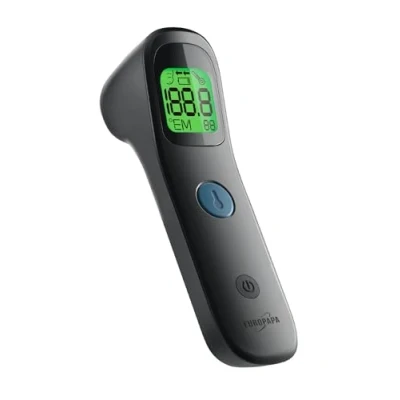 Abbildung von EUROPAPA Fieberthermometer für Baby Kinder Erwachsene, 1 x &amp; 2 AAA Batterien im Lieferumfang enthalten, Stirnthermometer, Fieberalarm, C/F Schalter, 30 facher Messwertspeicher