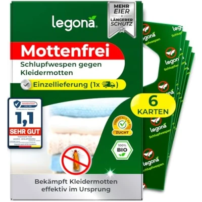 Abbildung von Legona® Schlupfwespen gegen Kleidermotten 6 Karten à 1 Lieferung Effektiv Kleider Motten bekämpfen Alternativer Mottenschutz für Kleiderschrank, Mottenfalle Kleidermotten, Mottenspray