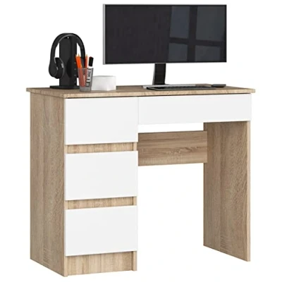 Abbildung von AKORD Computertisch Schreibtisch 4 Schubladen Komfort Hohe Qualität Solide Für Zuhause das Büro Ergonomie die Arbeit B90 x H77 T50 cm Sonoma Eiche &amp; Weiß Front