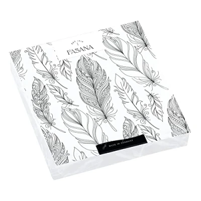 Abbildung von 20 Servietten Graue Federn auf weiß elegant Vögel Bauernhof Tischdeko Decoupage Serviettentechnik 33x33cm