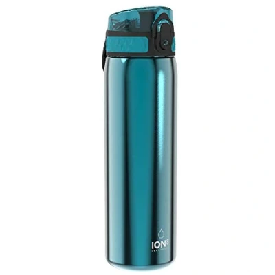 Abbildung von Ion8 Stahl Trinkflasche, 600 ml, Auslaufsicher, Einhandöffnung, Sichere Verriegelung, Spülmaschinenfest, Klappdeckel, Tragegriff, Leicht zu Reinigen, Langlebig, Metallisches Türkis