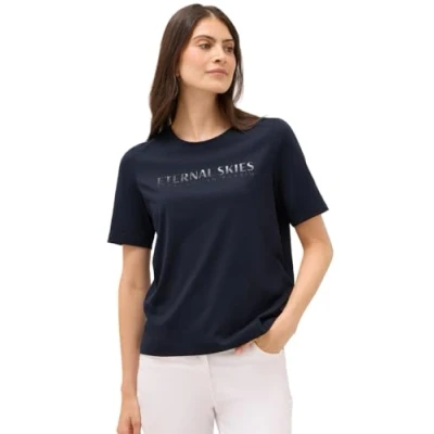Abbildung von CECIL Damen 3227616 T Shirt mit Wording Artwork, urban Dark Blue, Large