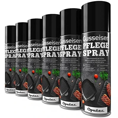 Abbildung von Oputec 6 x 500ml Gusseisen Pflegespray Ideales Grillzubehör zum Schutz &amp; der Pflege von Gussrosten, Pfannen, Töpfen, Dutch Oven, Grillrosten, Brätern aus Cast Iron Antihaft Schutzspray