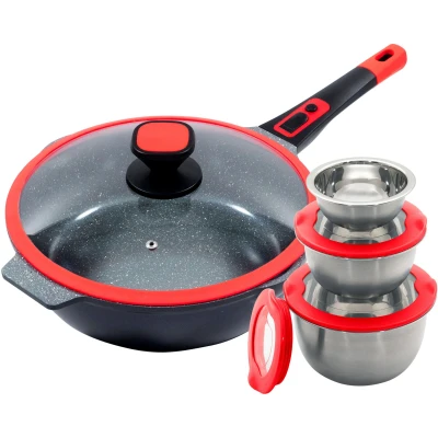 Abbildung von KING Bratpfanne &quot;Click Grip&quot;, Aluminiumguss, (Set, 8 tlg., 3 Ø17.5 Ø14.5cm Ø12cm mit Deckeln, 1 Pfanne Ø32cm Glasdeckel), Induktion, Glasdeckel, abnehmbarer Pfannengriff, 32 cm