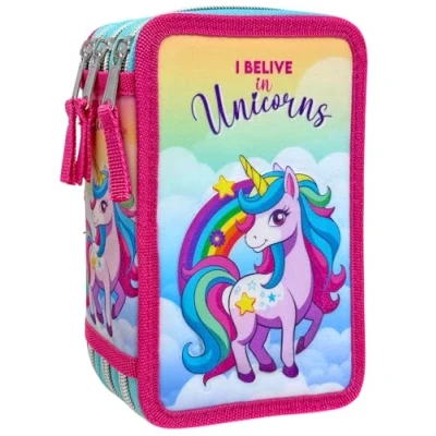 Abbildung von Clondo 3D Federmäppchen mit 3 Fächern für Mädchen, Einhorn Fan, dreifach gefüllt, 44 Schulzubehör, Reißverschlüsse, 20 cm, Lineal, Buntstifte, Filzstifte