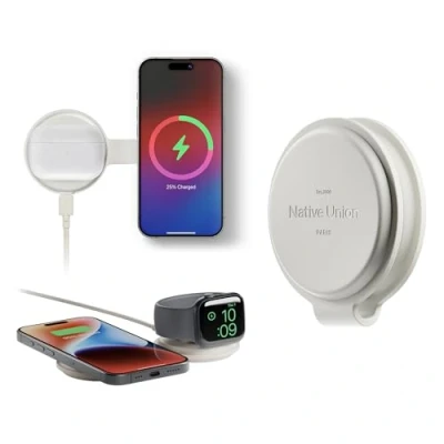 Abbildung von Native Union Voyage 2 in 1 Magnetic Wireless Charger Faltbare Reiseladestation für iPhone 16, AirPod, Apple Watch &amp; mehrere Geräte Qi2 Zertifiziert MagSafe kompatibel bis zu 15W (Sandstein)