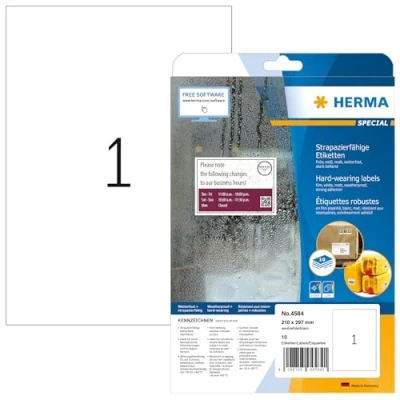 Abbildung von HERMA 4584 Wetterfeste Folienetiketten, 10 Blatt, 210 x 297 mm, 1 pro A4 Bogen, Stück, selbstklebend, bedruckbar, matt, blanko Klebeetiketten Aufkleber aus Folie, weiß