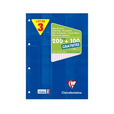 Abbildung von Clairefontaine 65819AMZC Set mit 3 Kursusblöcken, 150 Blatt, 90g, französische Lineatur, 4 fach gelocht, 1 Set, Blau