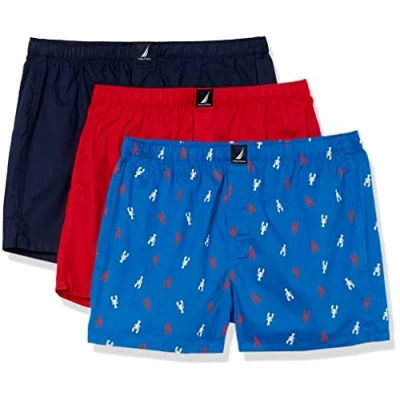 Abbildung von Nautica Herren Cotton Woven 3 Pack Boxers Boxershorts, Peacoat/Bright Red/2 Color Hummer, Small