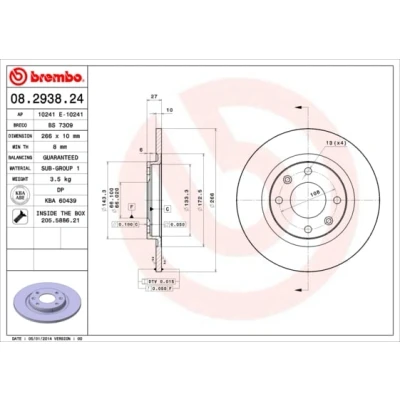 Abbildung von BREMBO 08.2938.24 Bremsscheibe 266 10 4 voll mit Schrauben PEUGEOT: 405 II Limousine