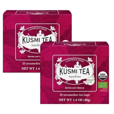 Abbildung von Kusmi Tea 2er Pack AquaRosa Bio Früchtetee mit Hibiskus, Schwarzen Beeren und Roten Früchten Koffeinfreier Hibiskustee Heiß oder als Eistee 2x20 Teebeutel