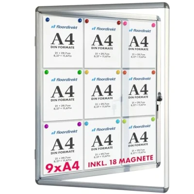 Abbildung von Floodirekt Schaukasten Wand 9 x DIN A4 Plakatschaukasten mit Alurahmen &amp; Acrylglas inkl. Magnete Infokasten Aushang Aushangkasten Magnetische beschreibbare Rückwand
