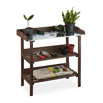 Abbildung von Relaxdays Pflanztisch, Gärtnertisch mit 3 Ebenen, Gewächshaus, Garten, Balkon &amp; Terrasse, Holz, 86x92x42 cm, dunkelbraun