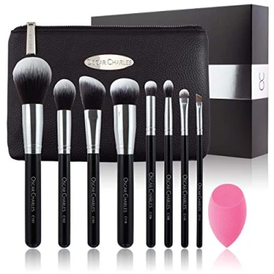 Abbildung von Oscar Charles Professionelles Schmink Pinsel Set mit Schönheit Schwamm und Clutch Kosmetiktasche schöner Geschenkbox, 8 teilig (Silber)