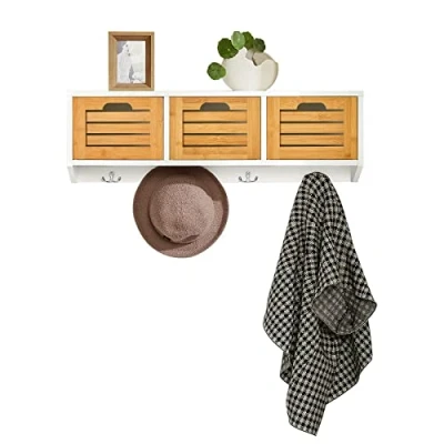 Abbildung von SoBuy FHK19 WN Wandgarderobe Flurgarderobe Kleiderhaken Hängeregal mit 3 Körben und 4 Haken Garderobe Natur BHT ca.: 80x25x20cm
