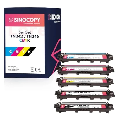 Abbildung von SinoCopy 5 XXL Toner für Brother TN 242 246 HL 3142 3152 3172 CW CDW DCP9017CDW Schwarz je 2.500 Seiten, Color 2.200 Seiten