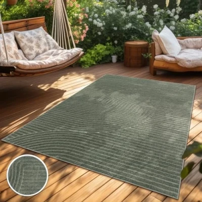 Abbildung von Paco Home Teppich In &amp; Outdoor, Moderne abstrakte Boho Designs mit 3D Struktur, robust wetterfest, ideal für Terrasse Wohnzimmer Küche, Grösse:120x170 cm, Farbe:Grün