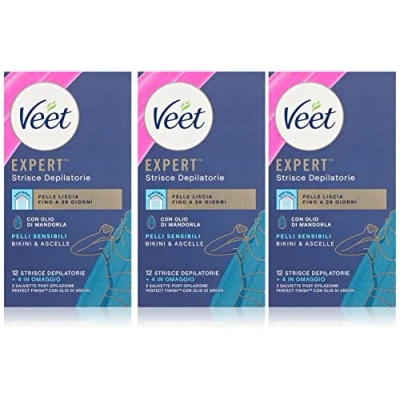 Abbildung von Veet Expert Haarentfernungsstreifen für Achseln und Bikinizone, Wachs empfindliche Haut mit Mandelöl, dermatologisch getestet, 48 Streifen (24 x 2 Streifen) + 9 Tücher nach der Haarentfernung