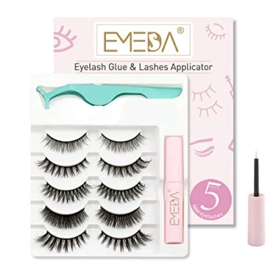 Abbildung von EMEDA 5 Paare künstliche Wimpern mit kleber, fake lash wimpern, natürliche 3D falsche wasserfest kleben wiederverwendbare Multipack Dicke und lange Wimpernclip