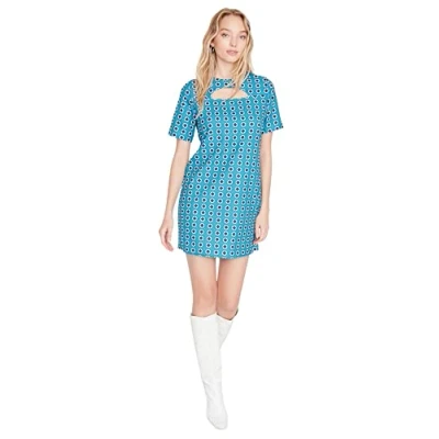 Abbildung von Trendyol Damen Woman Mini Shift Neckerchief Collar Woven Dress Kleid, Blaugrün, 42 EU