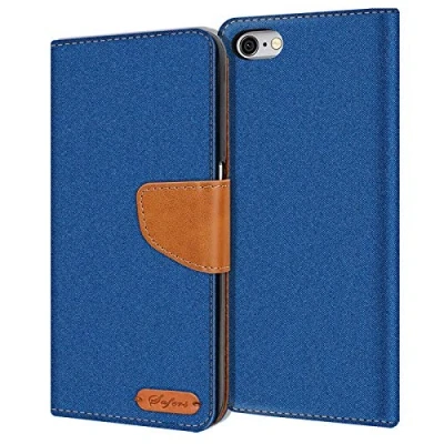 Abbildung von Verco für iPhone 6S Plus Hülle, Schutzhülle Apple 6 5,5 Tasche Denim Textil Book Case Flip Klapphülle, Blau