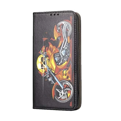 Abbildung von KX Mobile Hülle für Samsung S7 Handyhülle Motiv 1018 Totenkopf Skull Motorrad Feuer Premium Smart aus Kunstleder einseitig Bedruckt HandyCover Galaxy