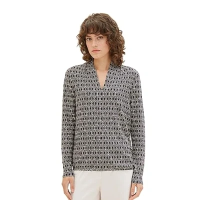 Abbildung von TOM Tailor MIT Alloverprint Langarmshirt, Damen, Größe: Medium, Navy geometrics print