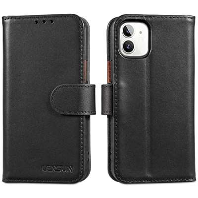 Abbildung von LENSUN Echtleder Hülle für iPhone 12 Mini, Handyhülle [Echtes Leder][Magnetverschluss][RFID Schutz] Handytasche Flip Lederhülle Kompatibel mit Mini Schwarz