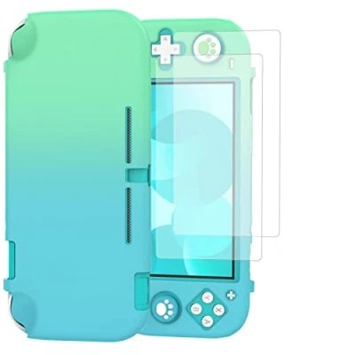 Abbildung von TiMOVO Hülle Kompatibel mit Nintendo Switch Lite, Stoßfeste Anti Kratz PC Schutzhülle 4 Daumengriffkappen und 2 Displayschutzfolie aus Gehärtetem Glas Blau +Grün