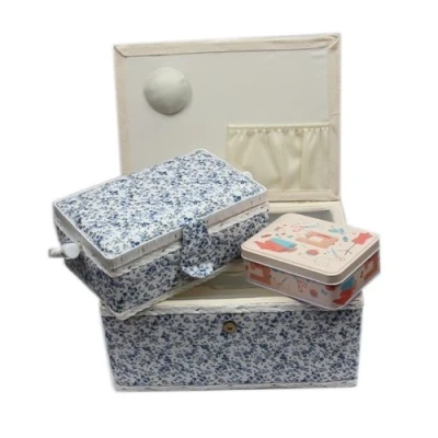 Abbildung von Ackermann Nähkorb Set mit Tragegriff (1x groß und 1x mittel) + kleine Accessoires Box aus Metall (mit Zubehör), Marke Nähkästchen Nähkasten Nähbox (Blumenmuster (blau))