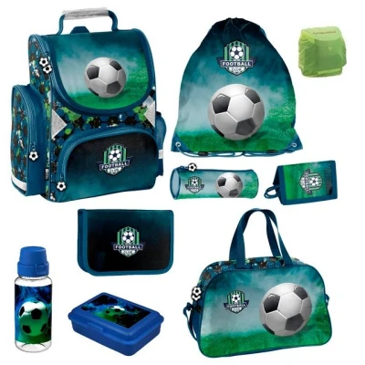 Abbildung von Familando Fussball Schulranzen 1. Klasse ergonomischer Tornister für Mädchen und Jungen Schultasche im Set (9 teilig mit Sporttasche)