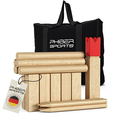 Abbildung von PHIBER SPORTS Spiel, Kubb Wikinger Schach Spiel Aus Holz in PREMIUM Qualität massivem Holz, Splitterfreies Hartholz