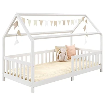 Abbildung von IDIMEX Hausbett NINA, Kinderbett mit Rausfallschutz 90x200, Massivholz Weiß