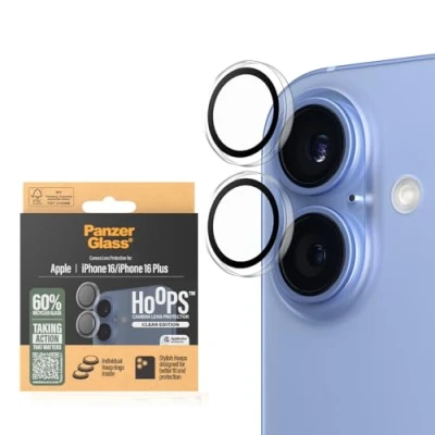 Abbildung von PanzerGlass® Hoops Kameralinsenschutz für Apple iPhone 16 Plus Schutz mit Stil, Kratzfest, stoßfest, transparent Montagehilfe einfache Installation